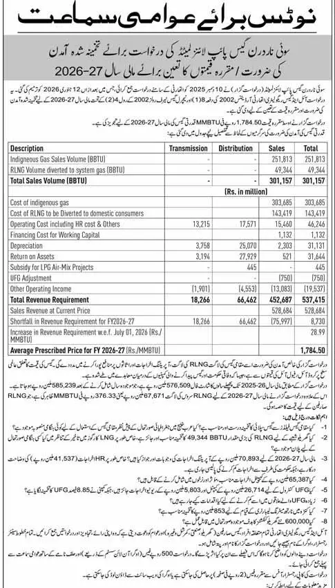 Newspaper clipping: SNGPL Public Hearing Notice for Revenue Requirement 2026-27, Express, 16 Apr 2026