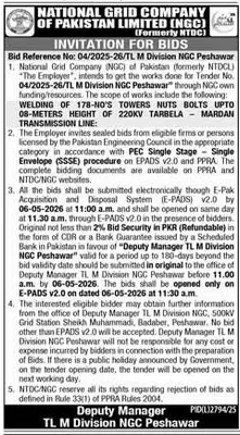 Newspaper clipping: NGC Tender for Transmission Tower Welding in Peshawar, Express, 16 Apr 2026