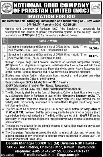 Newspaper clipping: NGC Tender for OPGW Wires Installation & Dismantling, Express, 16 Apr 2026