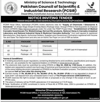 Newspaper clipping: PCSIR Tender for Chemicals, Glasswares & Standards, Express, 16 Apr 2026