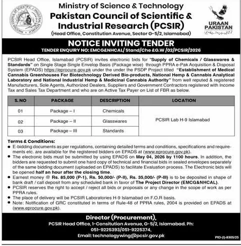 Newspaper clipping: PCSIR Tender for Chemicals, Glasswares & Standards, Express, 16 Apr 2026