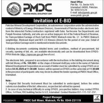 Newspaper clipping: PMDC E-Bid for Rock Salt Transportation Contract, Express, 16 Apr 2026