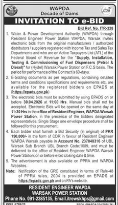 Newspaper clipping: WAPDA e-Bid for Fuel Dispensers Supply in Warsak, Express, 16 Apr 2026