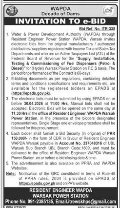 Newspaper clipping: WAPDA e-Bid for Fuel Dispensers Supply in Warsak, Express, 16 Apr 2026