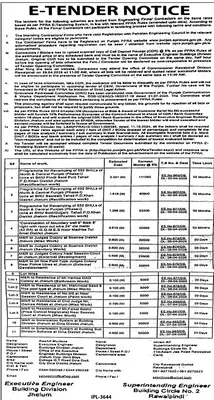Newspaper clipping: E-Tender Notice for Building Works in Jhelum, Jang, 16 Apr 2026
