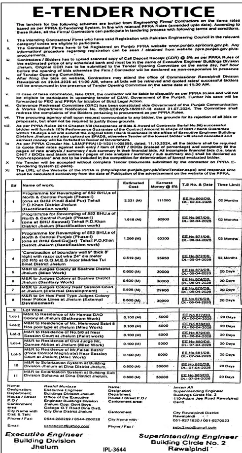 Newspaper clipping: E-Tender Notice for Building Works in Jhelum, Jang, 16 Apr 2026