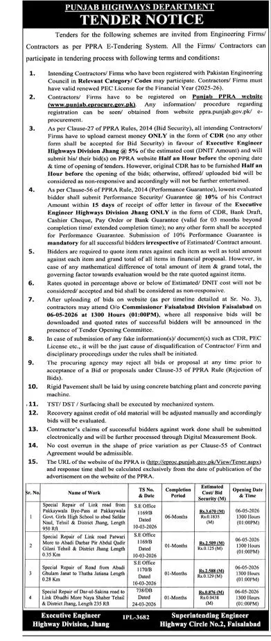 Newspaper clipping: Punjab Highways Dept Tender for Road Repair in Jhang, Express, 16 Apr 2026