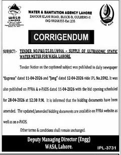 Newspaper clipping: WASA Lahore Tender Corrigendum for Water Meter Supply, Express, 16 Apr 2026