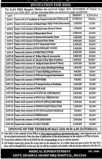 Newspaper clipping: DHQ Hospital Multan Tender for Medical & General Supplies 2026, Express, 16 Apr 2026