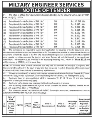 Newspaper clipping: Military Engineer Services Tender Notice Quetta, Express, 16 Apr 2026