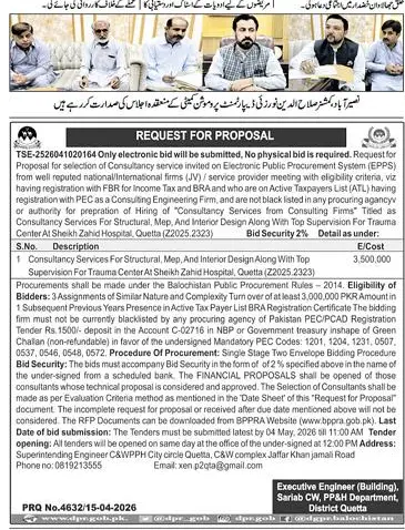 Newspaper clipping: Consultancy Services Tender for Trauma Center Quetta, Express, 16 Apr 2026