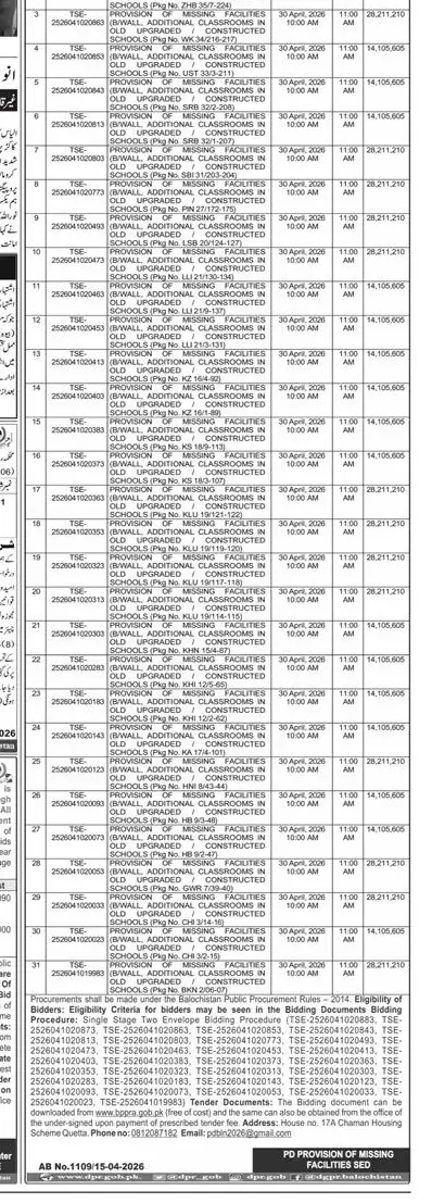 Newspaper clipping: Tender for School Facilities Provision in Balochistan, Express, 16 Apr 2026