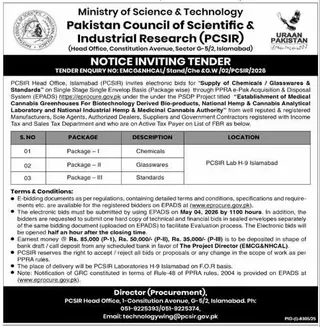 Newspaper clipping: PCSIR Tender for Chemicals, Glasswares & Standards, Express, Thursday, 16 April 2026
