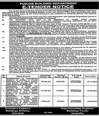 Newspaper clipping: Punjab Building Department E-Tender Notice, Express, 16 Apr 2026