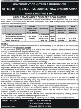 Newspaper clipping: E-PAD Tender for Building AOM&R in Karak, KPK, Nawa-i-Waqt, 16 Apr 2026