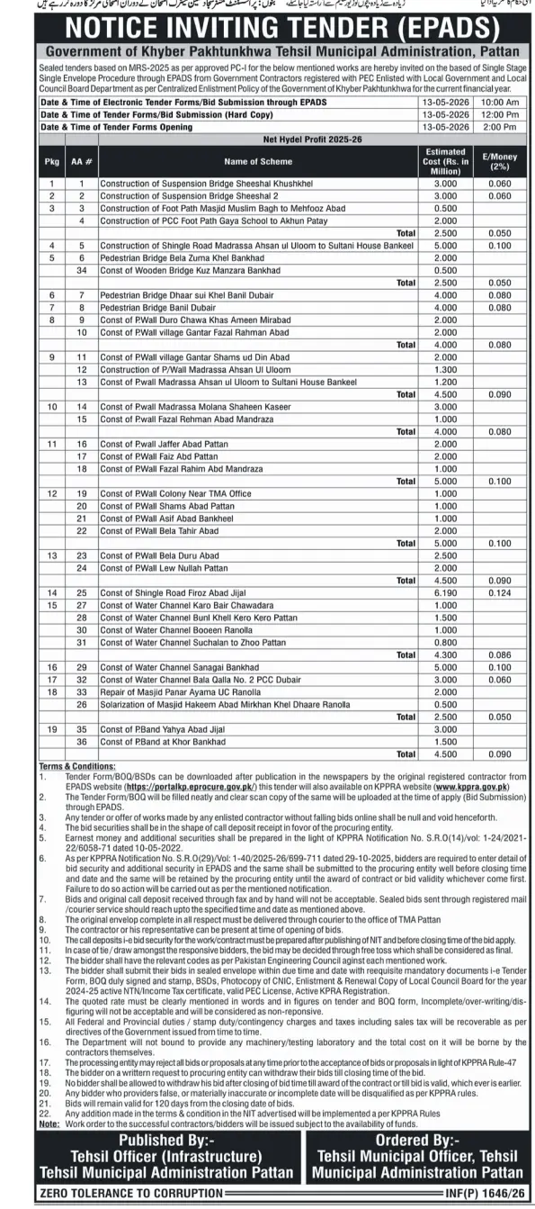 Newspaper clipping: Tender Notice for Works - TMA Pattan, Khyber Pakhtunkhwa, Nawa-i-Waqt, 16 Apr 2026