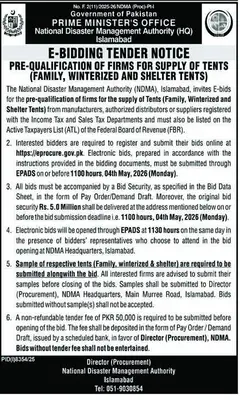 Newspaper clipping: E-Bidding Tender for Supply of Tents - NDMA Islamabad, Nawa-i-Waqt, 16 Apr 2026