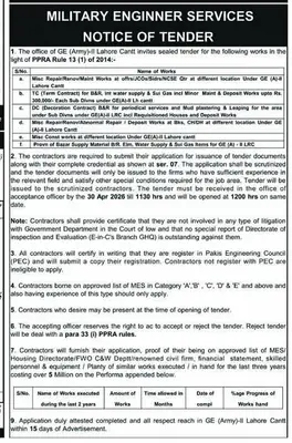 Newspaper clipping: Military Engineer Services Tender - Lahore Cantt, Nawa-i-Waqt, 16 Apr 2026