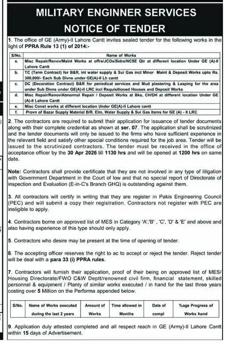 Newspaper clipping: Military Engineer Services Tender - Lahore Cantt, Nawa-i-Waqt, 16 Apr 2026