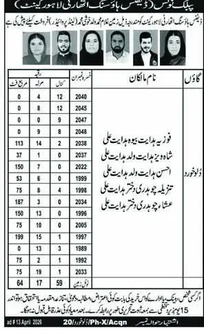 Newspaper clipping: DHA Lahore Cantt Public Notice for Land Sale Objections, Nawa-i-Waqt, 16 Apr 2026