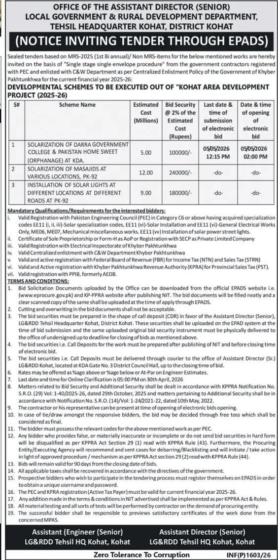 Newspaper clipping: Kohat Area Development Project Tenders 2025-26, Nawa-i-Waqt, 16 Apr 2026