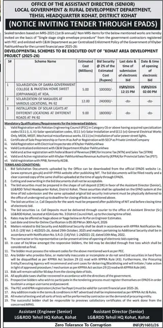 Newspaper clipping: Kohat Area Development Project Tenders 2025-26, Nawa-i-Waqt, 16 Apr 2026