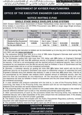 Newspaper clipping: E-PAD Systems Tender - C&W Division Karak, Nawa-i-Waqt, 16 Apr 2026