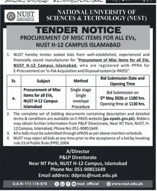 Newspaper clipping: NUST Tender: Procurement of Misc Items for EVs, Islamabad, Nawa-i-Waqt, 16 Apr 2026