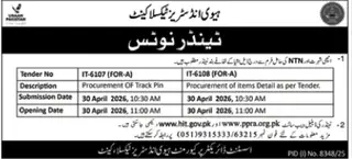 Newspaper clipping: Heavy Industries Taxila Cantt Tender for Track Pin & Items, Nawa-i-Waqt, 16 Apr 2026