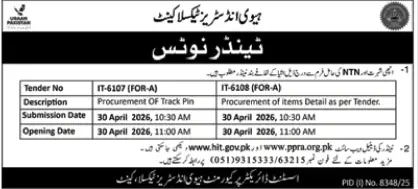 Newspaper clipping: Heavy Industries Taxila Cantt Tender for Track Pin & Items, Nawa-i-Waqt, 16 Apr 2026