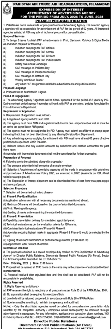 Newspaper clipping: Pre-qualification of Advertising Agency - Pakistan Air Force, Nawa-i-Waqt, 16 Apr 2026