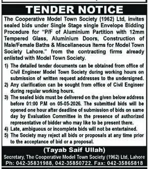 Newspaper clipping: Tender for Aluminum Partition, Doors, Baths Construction - Model Town Society Lahore, Nawa-i-Waqt, 16 Apr 2026