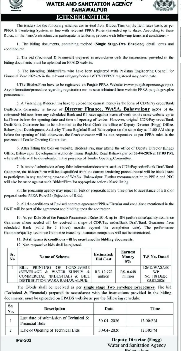 Newspaper clipping: WASA Bahawalpur E-Tender: Consumer Bill Printing & Distribution, Nawa-i-Waqt, 16 Apr 2026