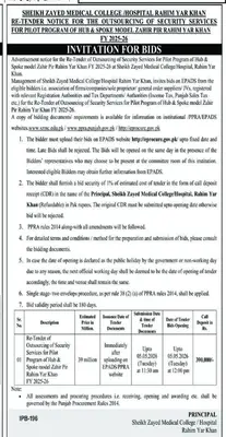 Newspaper clipping: Re-Tender for Outsourcing of Security Services - Sheikh Zayed Medical College, Nawa-i-Waqt, 16 Apr 2026