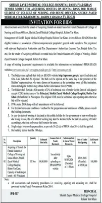 Newspaper clipping: Tender for Acquiring Hostels - Sheikh Zayed Medical College Rahim Yar Khan, Nawa-i-Waqt, 16 Apr 2026