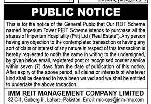 Newspaper clipping: Public Notice: Imperium Tower REIT Scheme Share Purchase, Nawa-i-Waqt, Thursday, 16 April 2026