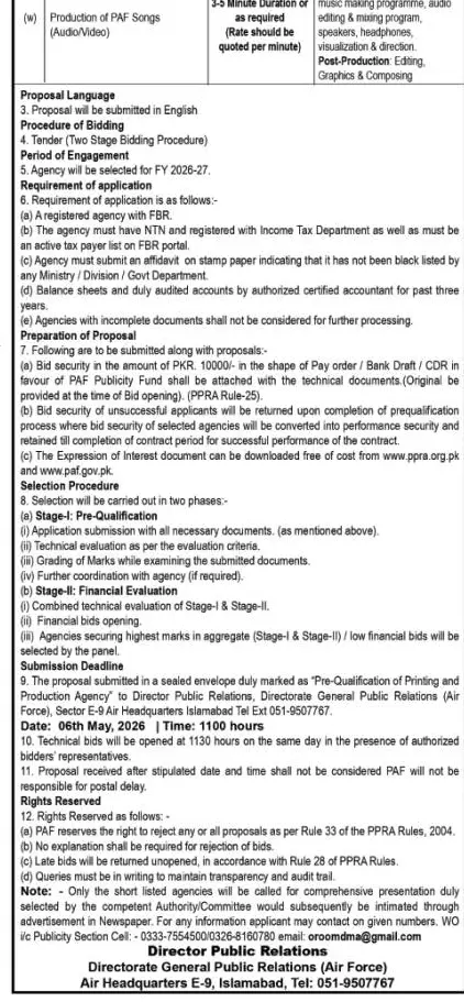 Newspaper clipping: PAF Songs Audio/Video Production Tender - Pakistan Air Force, The Nation, 16 Apr 2026