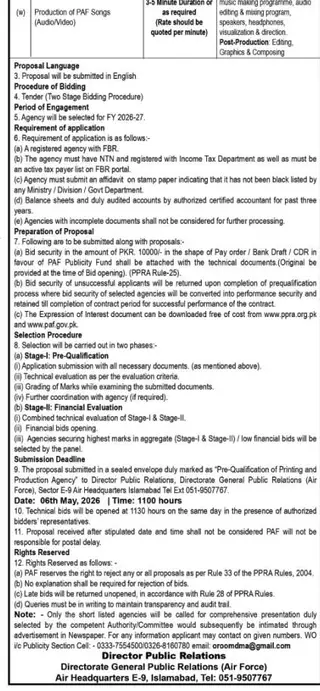 Newspaper clipping: PAF Songs Audio/Video Production Tender - Pakistan Air Force, The Nation, 16 Apr 2026