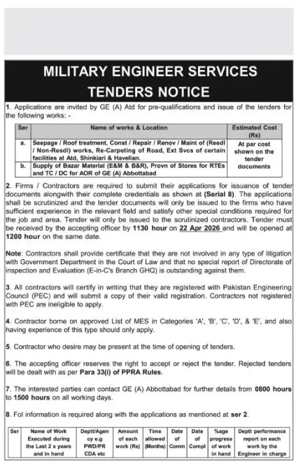 Newspaper clipping: Military Engineer Services Tenders Abbottabad, The Nation, 16 Apr 2026