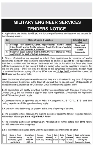 Newspaper clipping: Military Engineer Services Tenders Abbottabad, The Nation, 16 Apr 2026