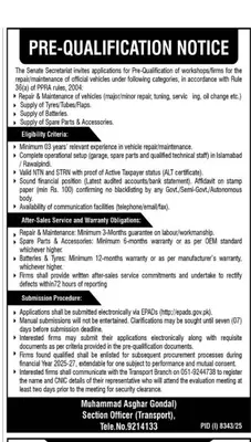 Newspaper clipping: Pre-Qualification Notice for Vehicle Maintenance - Senate Secretariat, The Nation, 16 Apr 2026