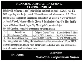 Newspaper clipping: Corrigendum: Traffic Signal Rehabilitation Tender Gujrat, The Nation, Thursday, 16 April 2026