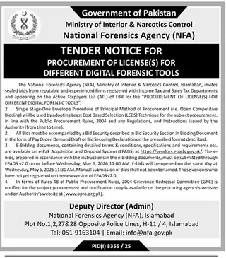 Newspaper clipping: Tender for Digital Forensic Tools - National Forensics Agency, The News International, 16 Apr 2026