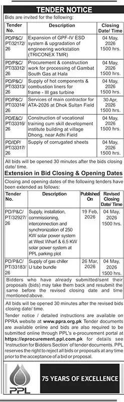Newspaper clipping: PPL Tender Notice for Various Supplies, Services & Works, The News International, 16 Apr 2026