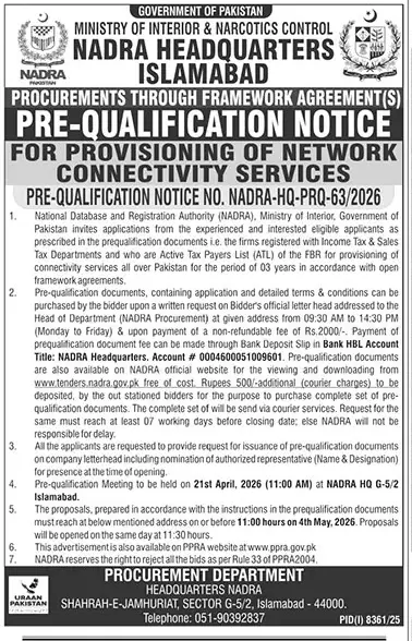 Newspaper clipping: NADRA Pre-Qualification for Network Connectivity Services, The News International, 16 Apr 2026