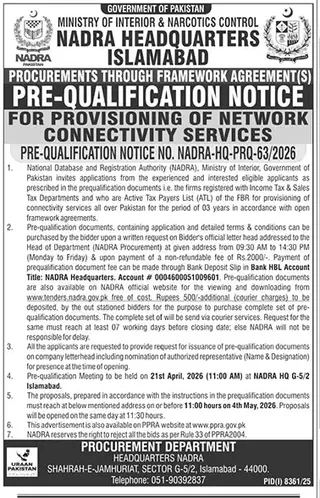 Newspaper clipping: NADRA Pre-Qualification for Network Connectivity Services, The News International, 16 Apr 2026