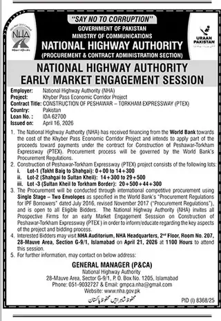 Newspaper clipping: NHA Early Market Engagement Session Peshawar Torkham Expressway, The News International, 16 Apr 2026