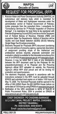 Newspaper clipping: WAPDA RFP for Consultancy Services Chashma Barrage, The News International, 16 Apr 2026