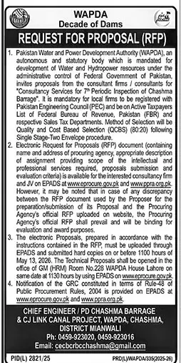 Newspaper clipping: WAPDA RFP for Consultancy Services Chashma Barrage, The News International, 16 Apr 2026