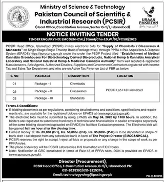 Newspaper clipping: PCSIR Tender for Chemicals, Glassware & Standards - Islamabad, The News International, 16 Apr 2026